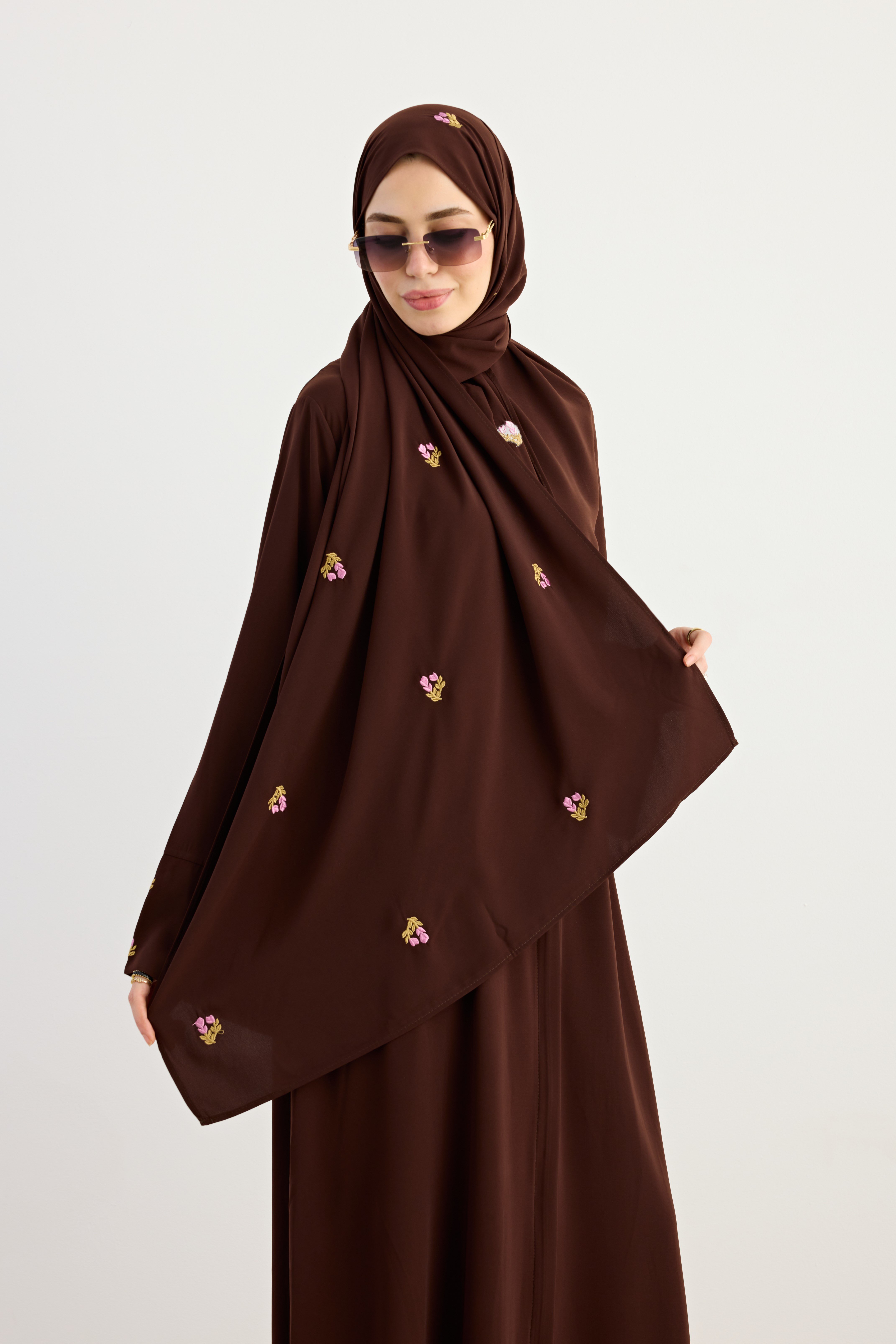 Ande Tesettür, Serpme Çiçek Nakışlı Abaya, Serpme Çiçek Nakışlı Abaya - Acı kahve