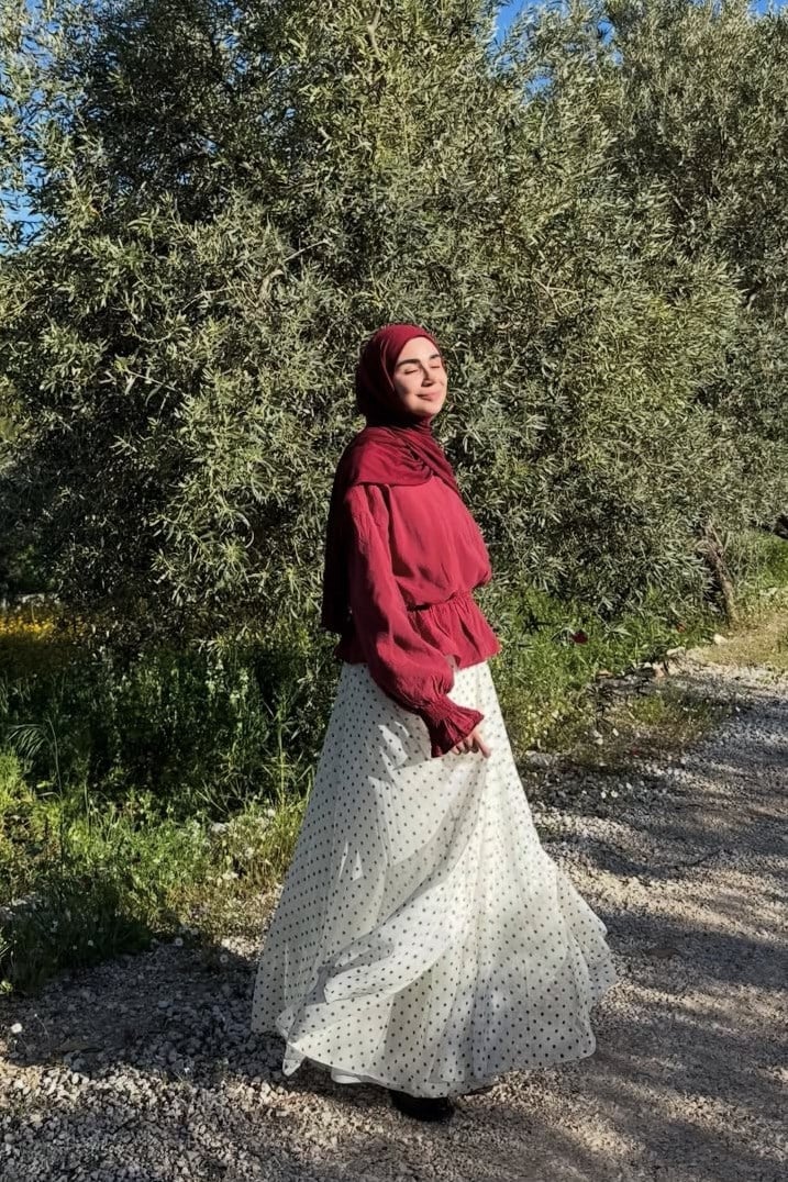 Ande Tesettür, Volanlı Şifon Etek, Volanlı Şifon Etek - Ekru Puantiye
