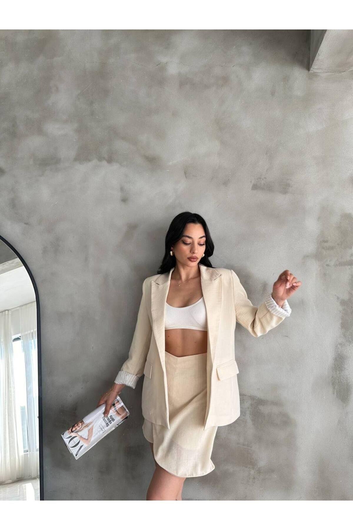  Bej Keten Blazer Ceket