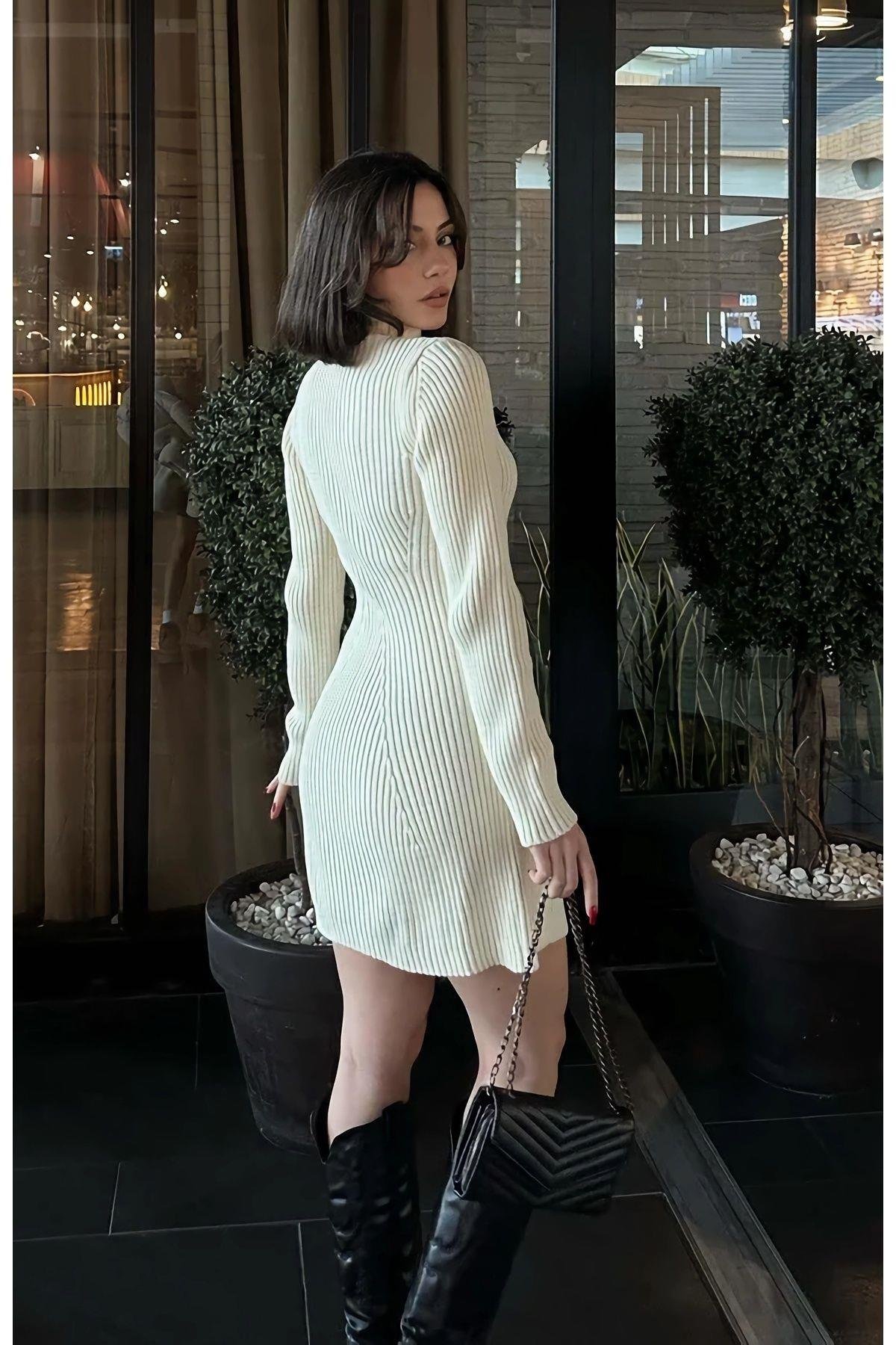  Bej Krem Mini Triko Elbise