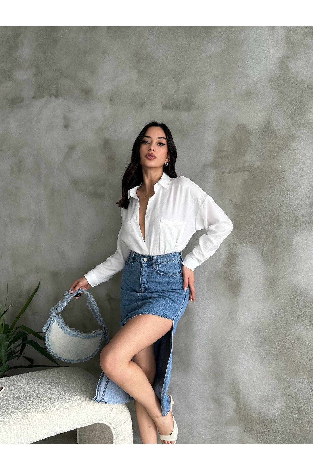  Cep Detaylı Basic Beyaz Oversize Keten Gömlek
