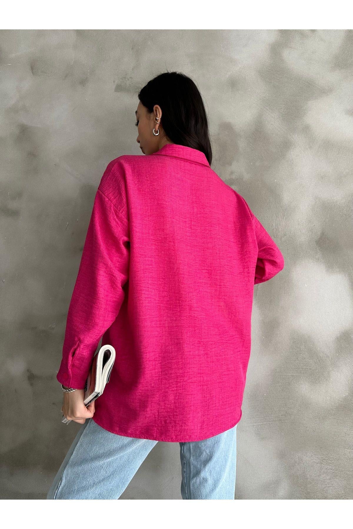  Cep Detaylı Basic Fuşya Pembe Oversize Keten Gömlek