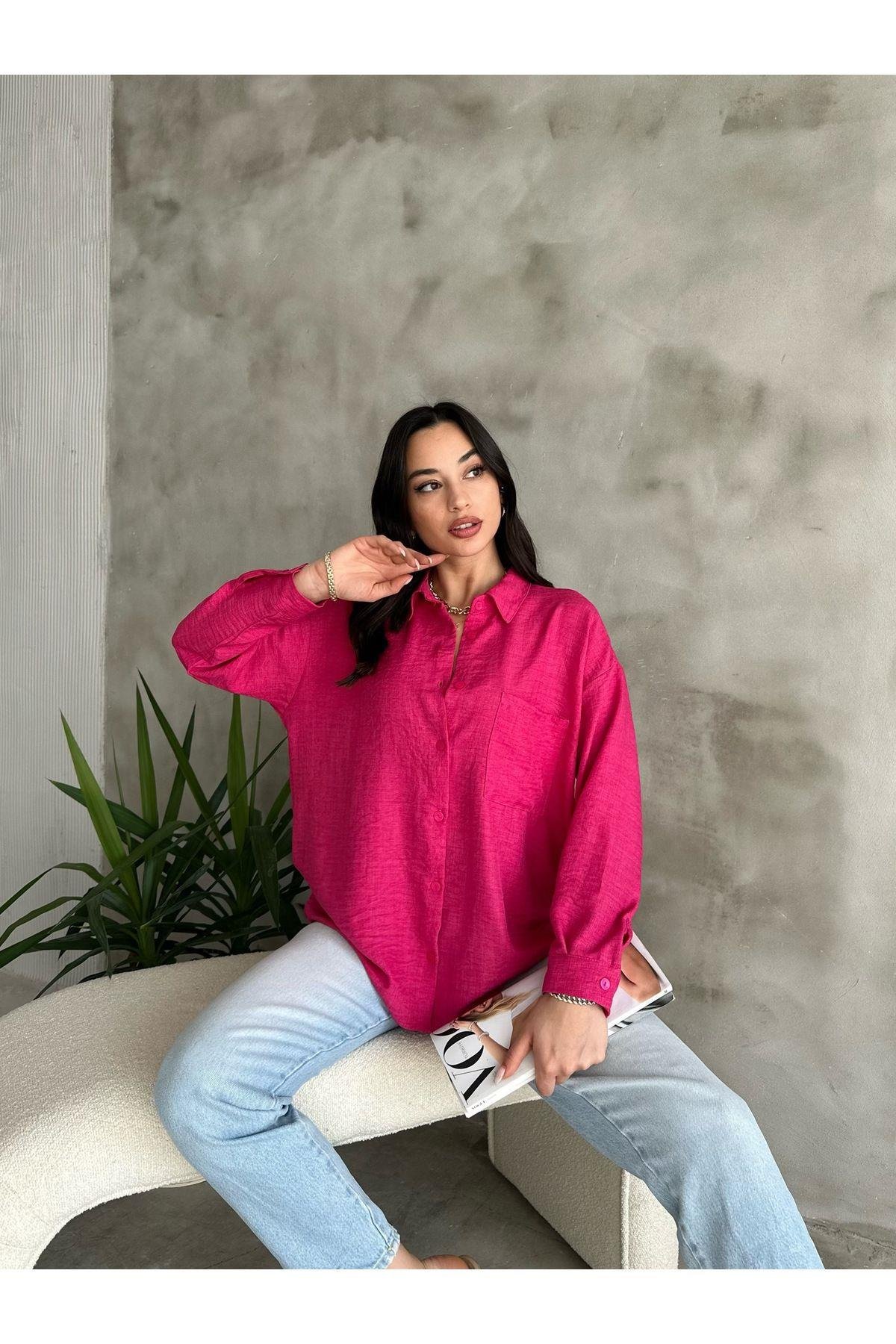  Cep Detaylı Basic Fuşya Pembe Oversize Keten Gömlek