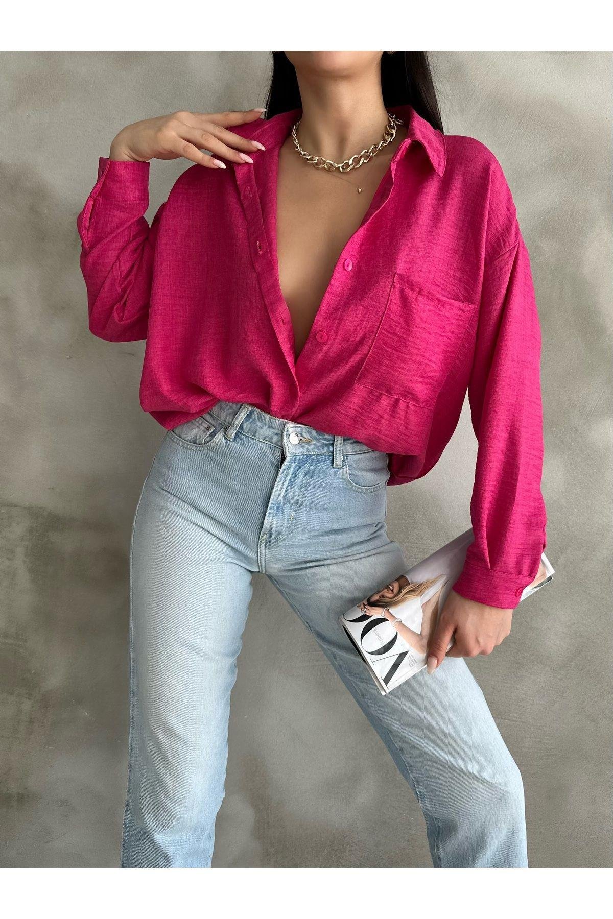  Cep Detaylı Basic Fuşya Pembe Oversize Keten Gömlek