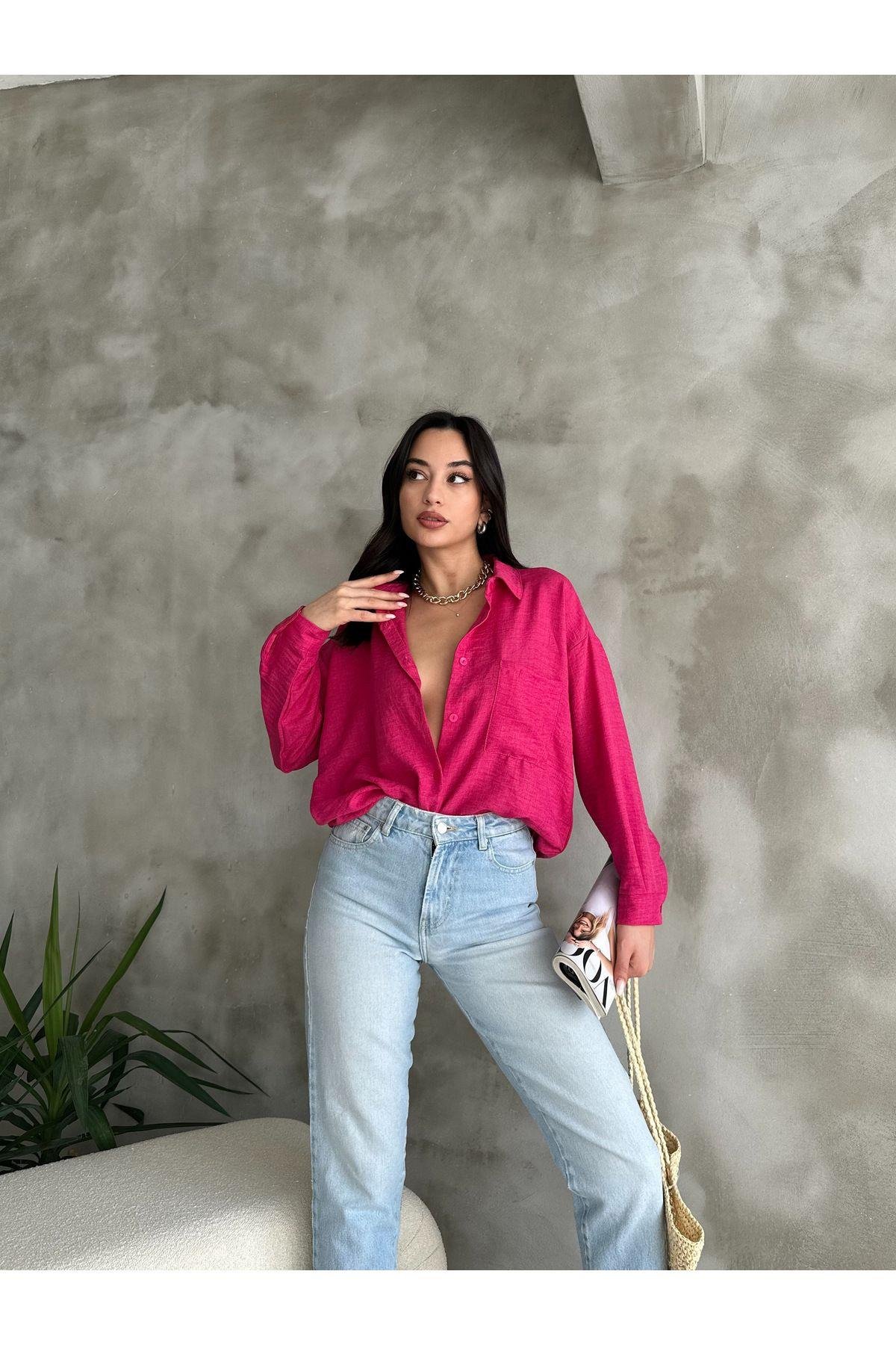  Cep Detaylı Basic Fuşya Pembe Oversize Keten Gömlek