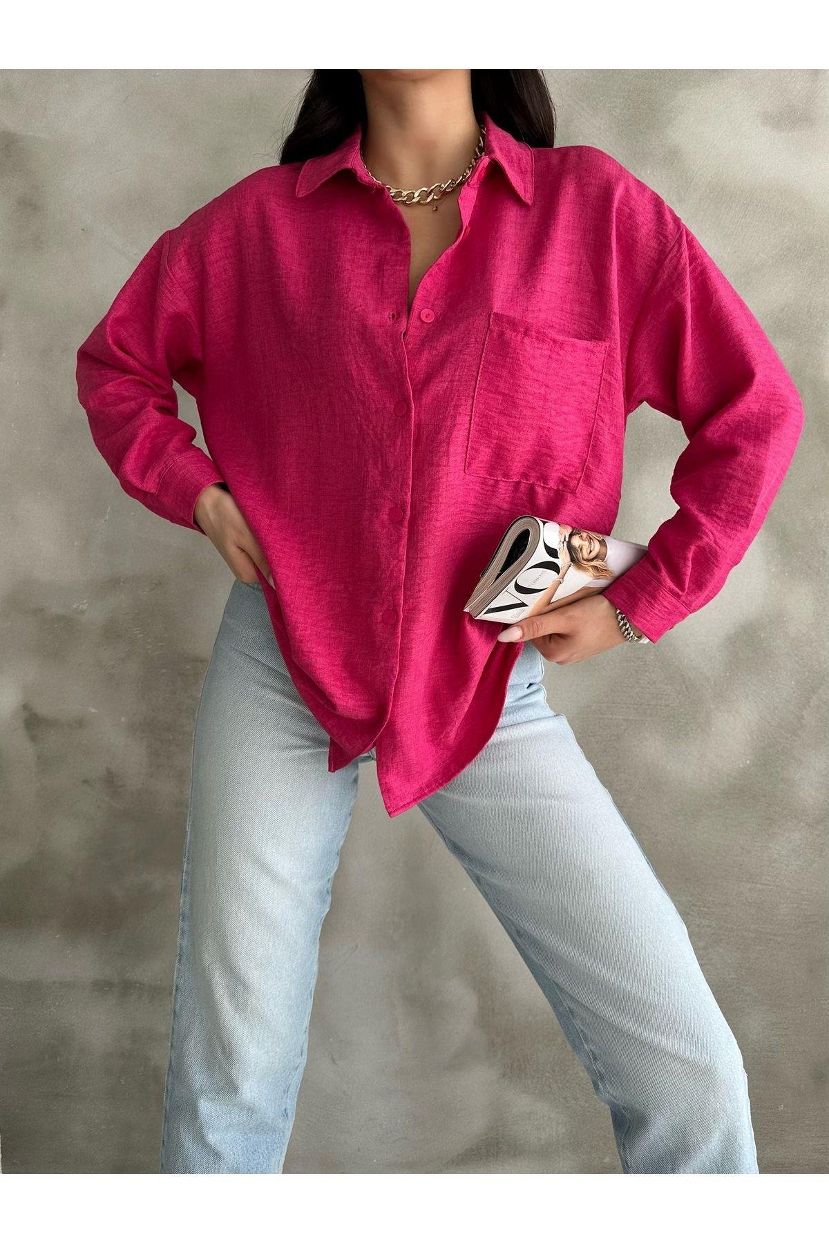  Cep Detaylı Basic Fuşya Pembe Oversize Keten Gömlek