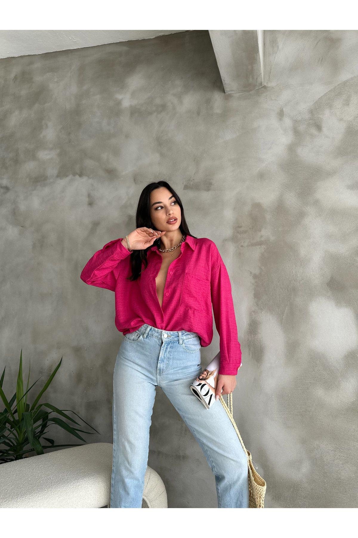  Cep Detaylı Basic Fuşya Pembe Oversize Keten Gömlek