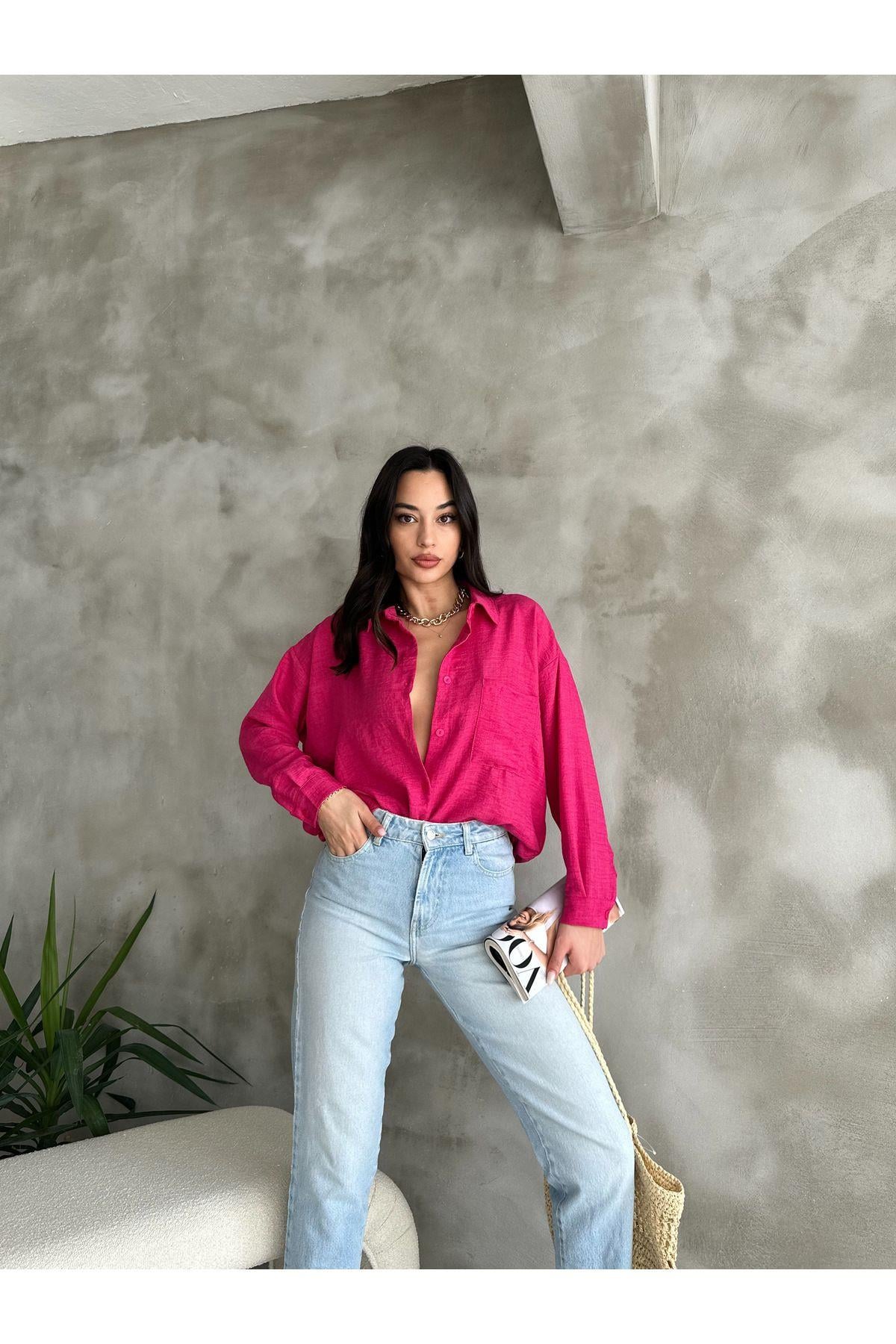  Cep Detaylı Basic Fuşya Pembe Oversize Keten Gömlek