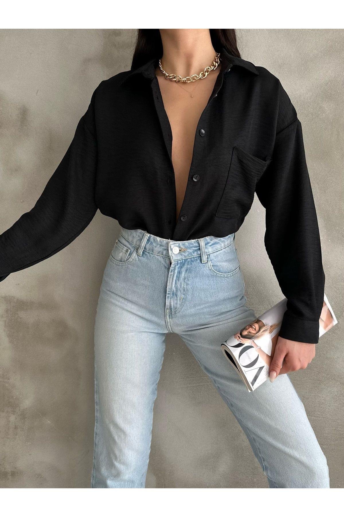  Cep Detaylı Basic Siyah Oversize Keten Gömlek