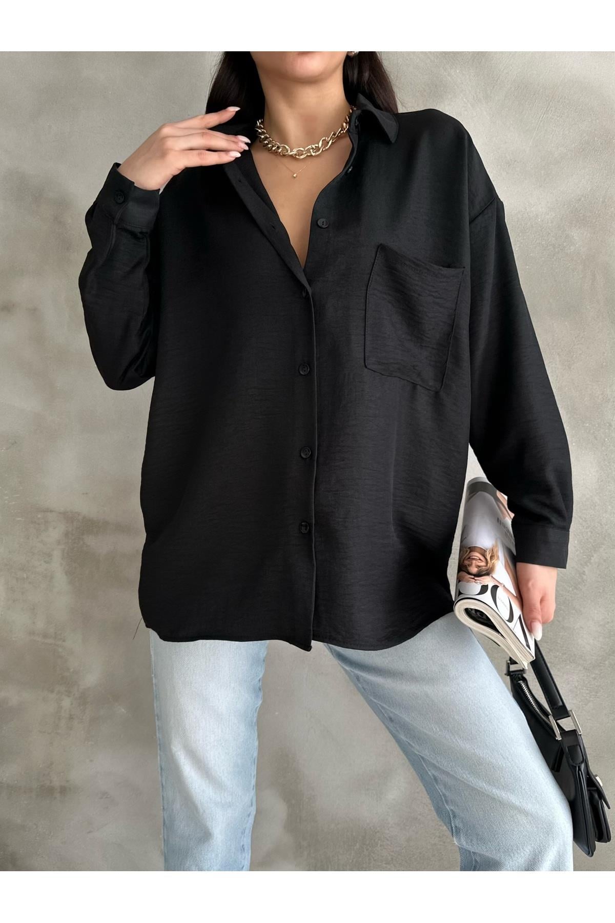  Cep Detaylı Basic Siyah Oversize Keten Gömlek