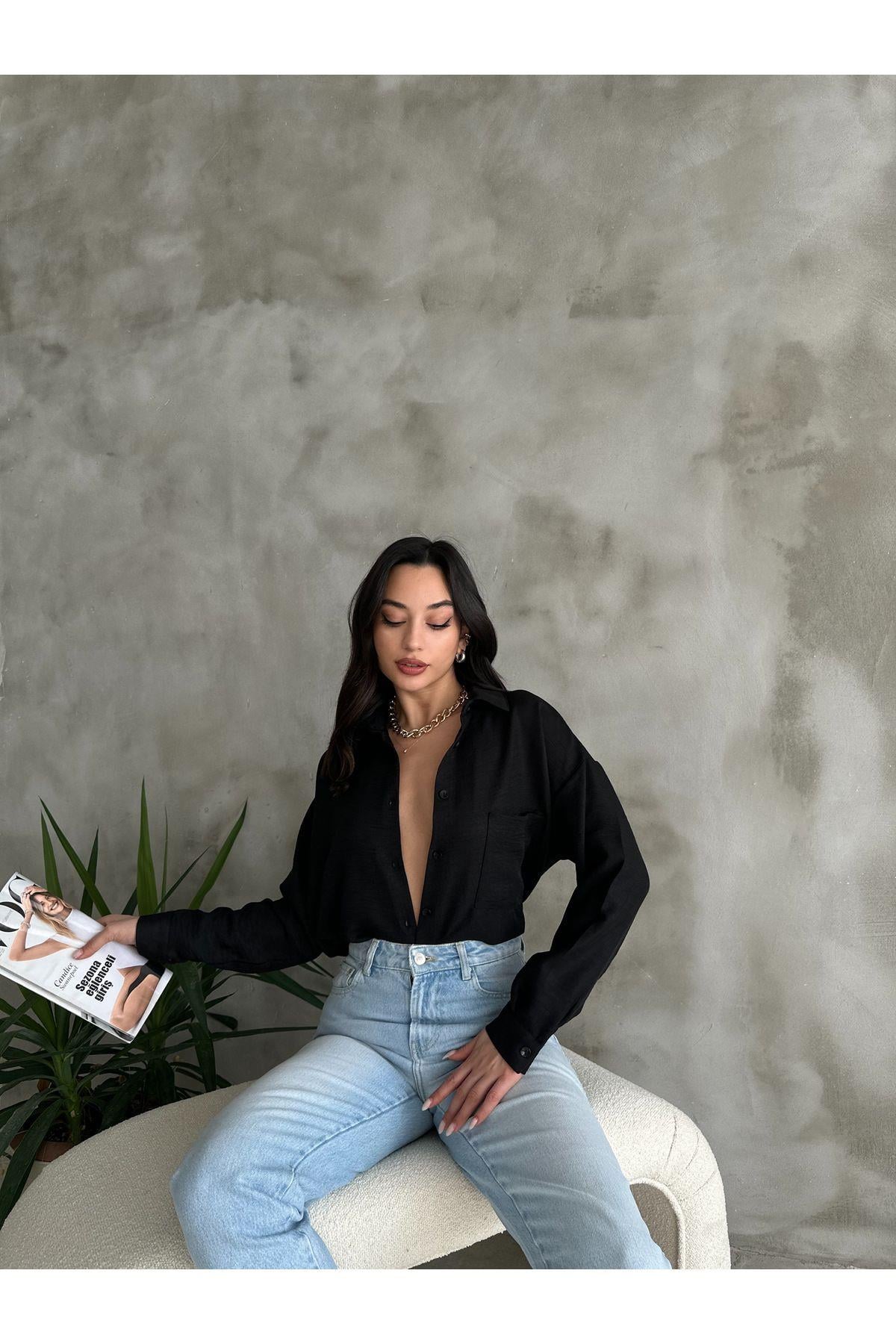  Cep Detaylı Basic Siyah Oversize Keten Gömlek