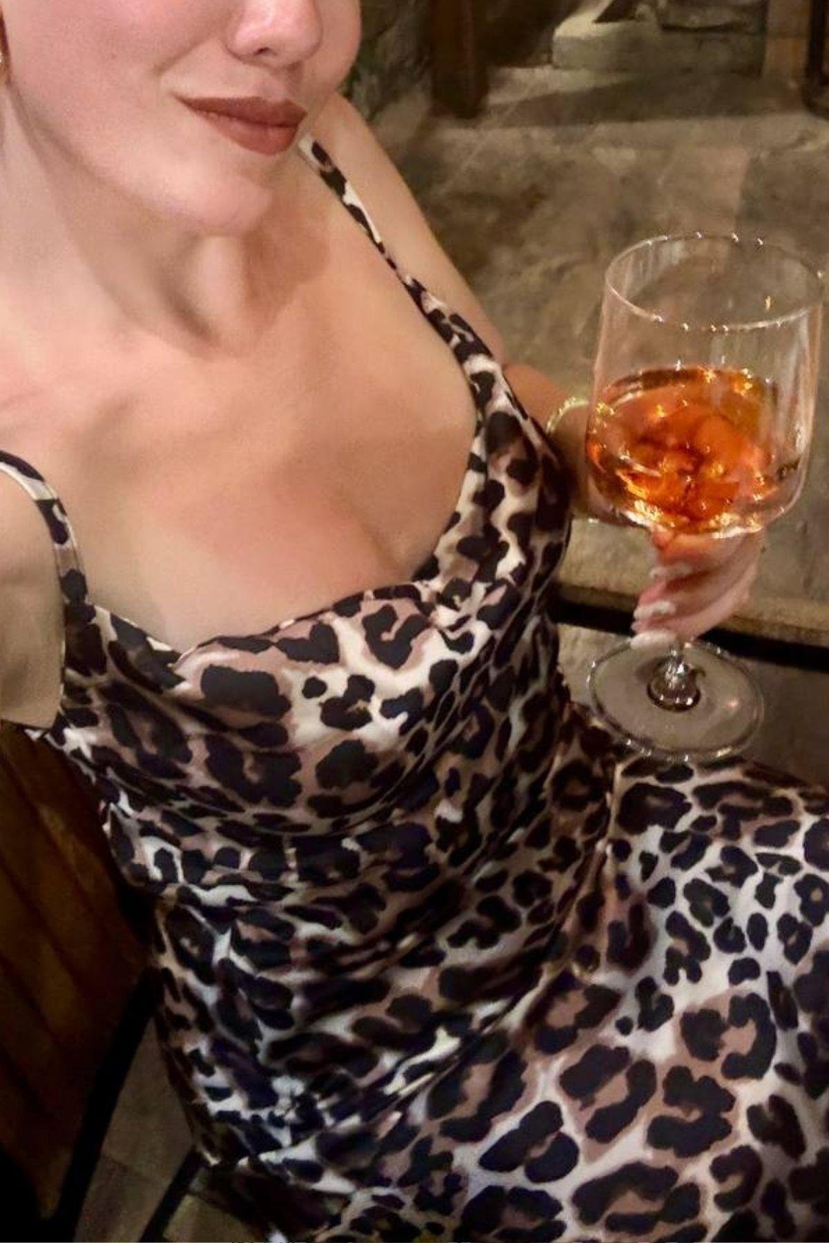  Leopar Desenli Askılı Seksi Saten Elbise