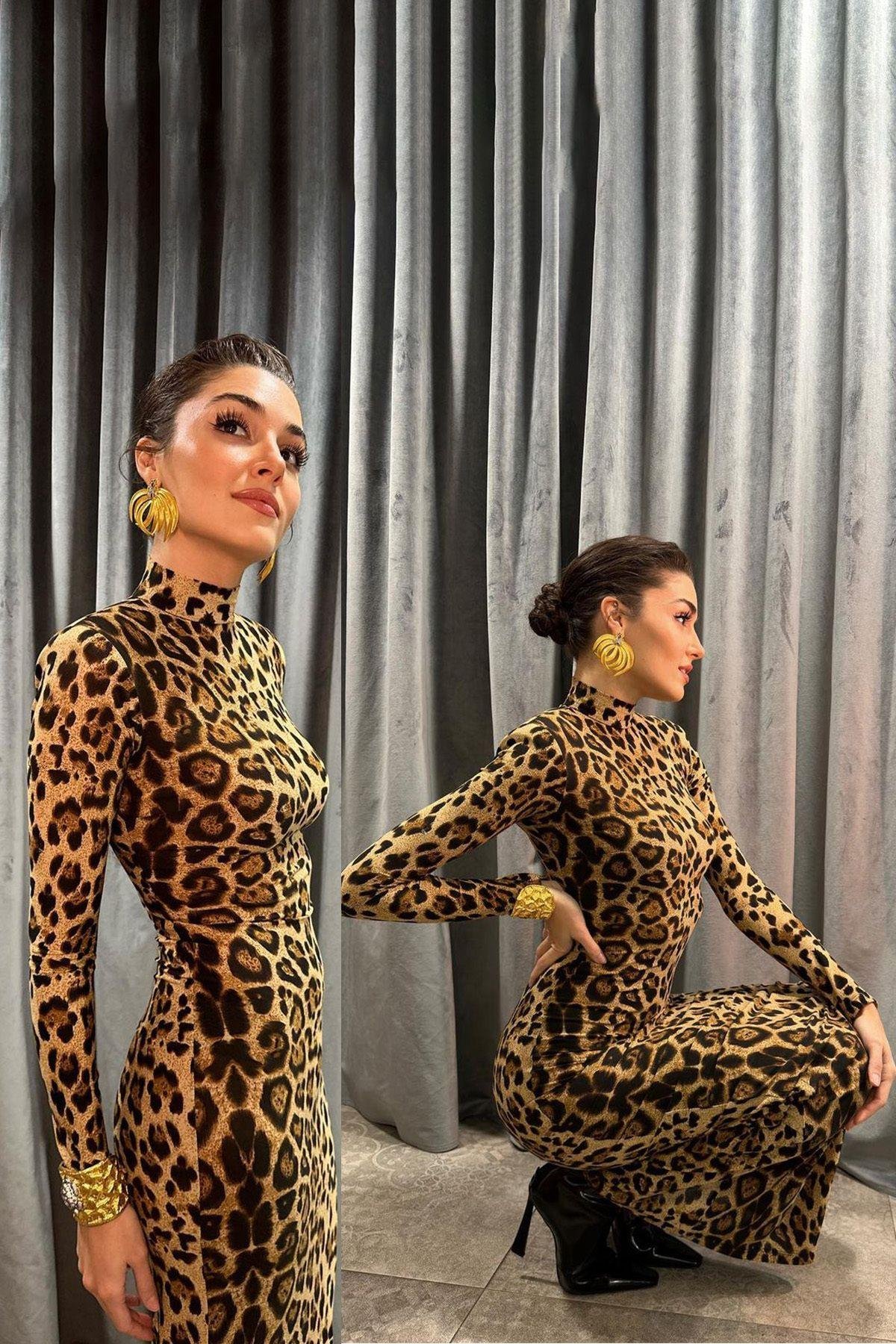  Leopar Desenli Balıkçı Yaka Maxi Boy Elbise