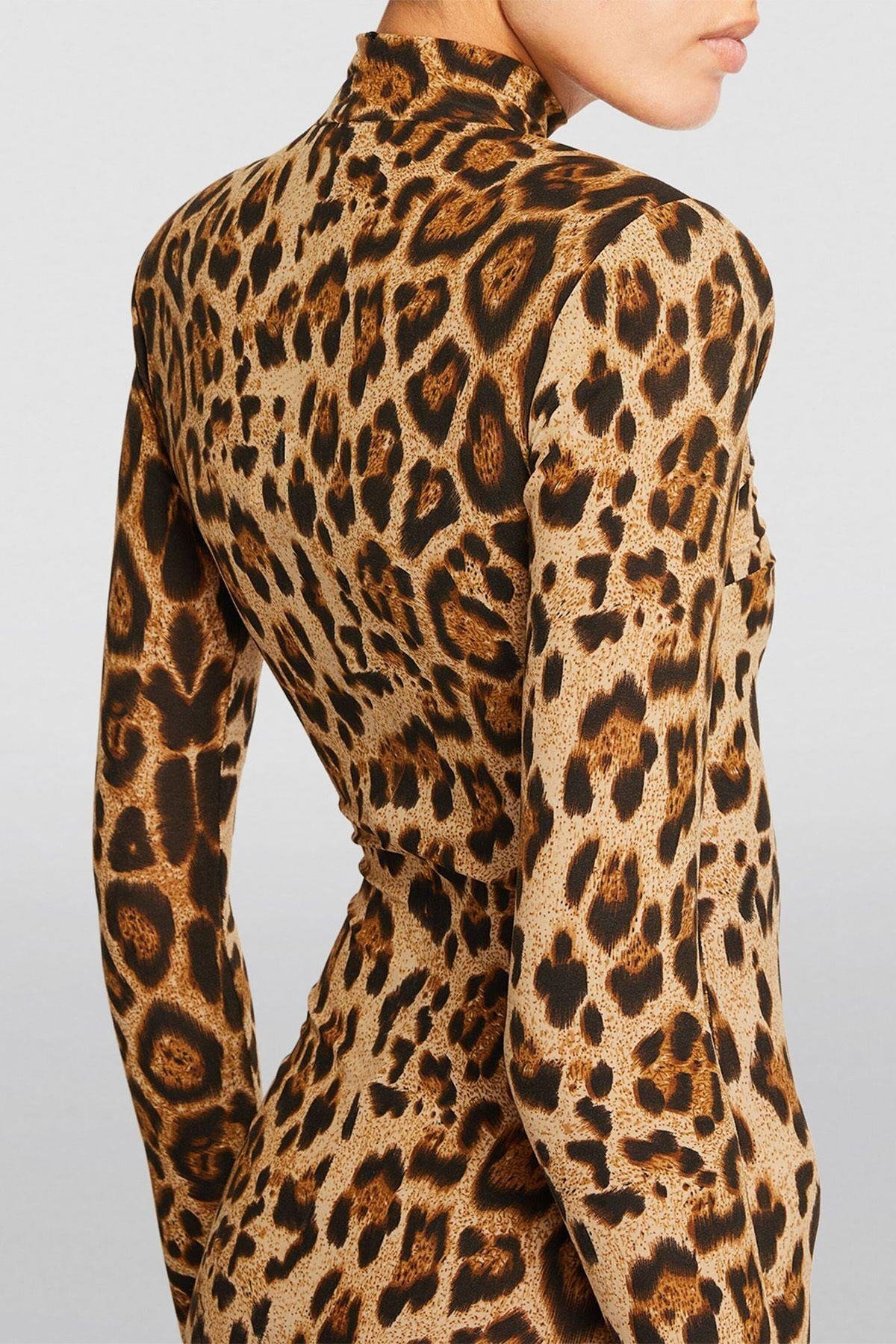  Leopar Desenli Balıkçı Yaka Maxi Boy Elbise