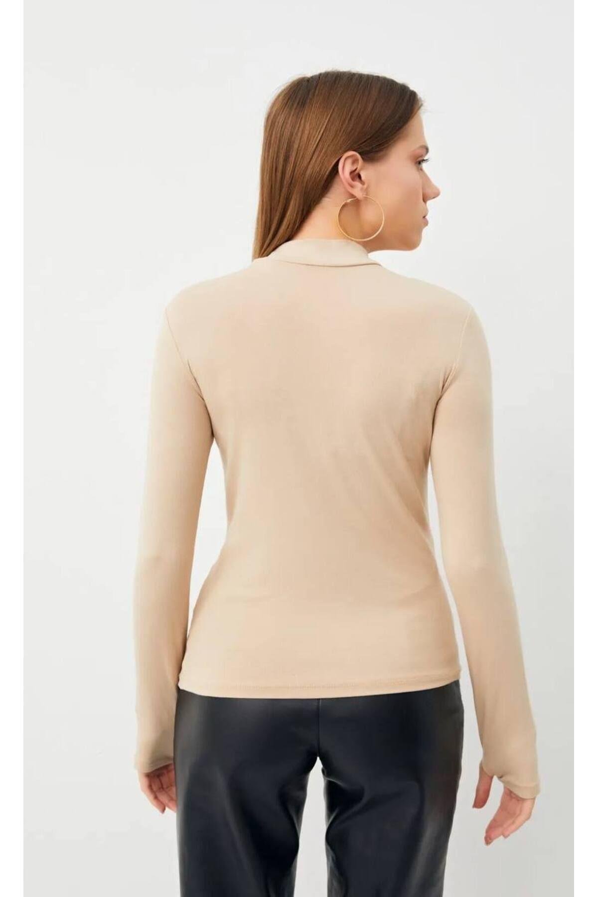  Parmak Detaylı Uzun Kol Bej Basic Body