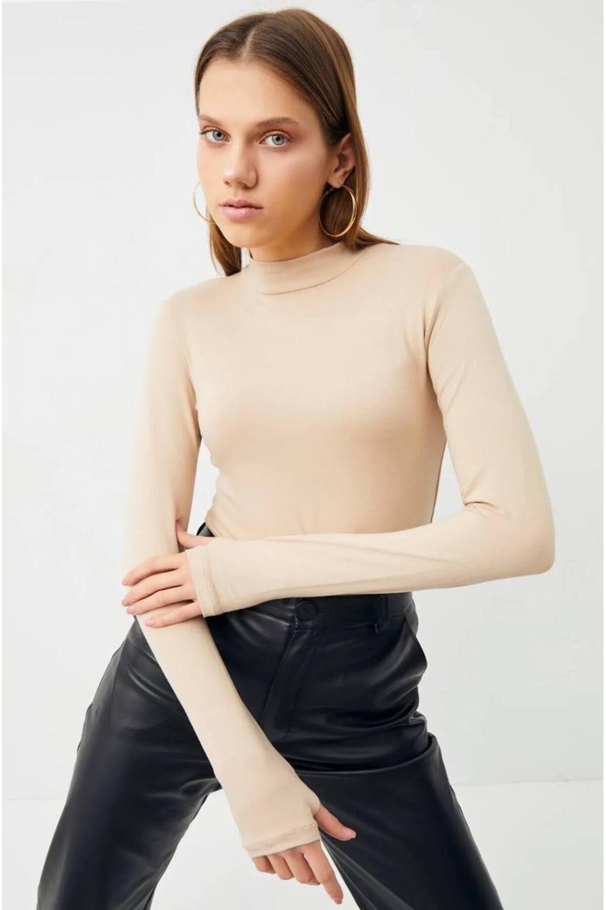  Parmak Detaylı Uzun Kol Bej Basic Body