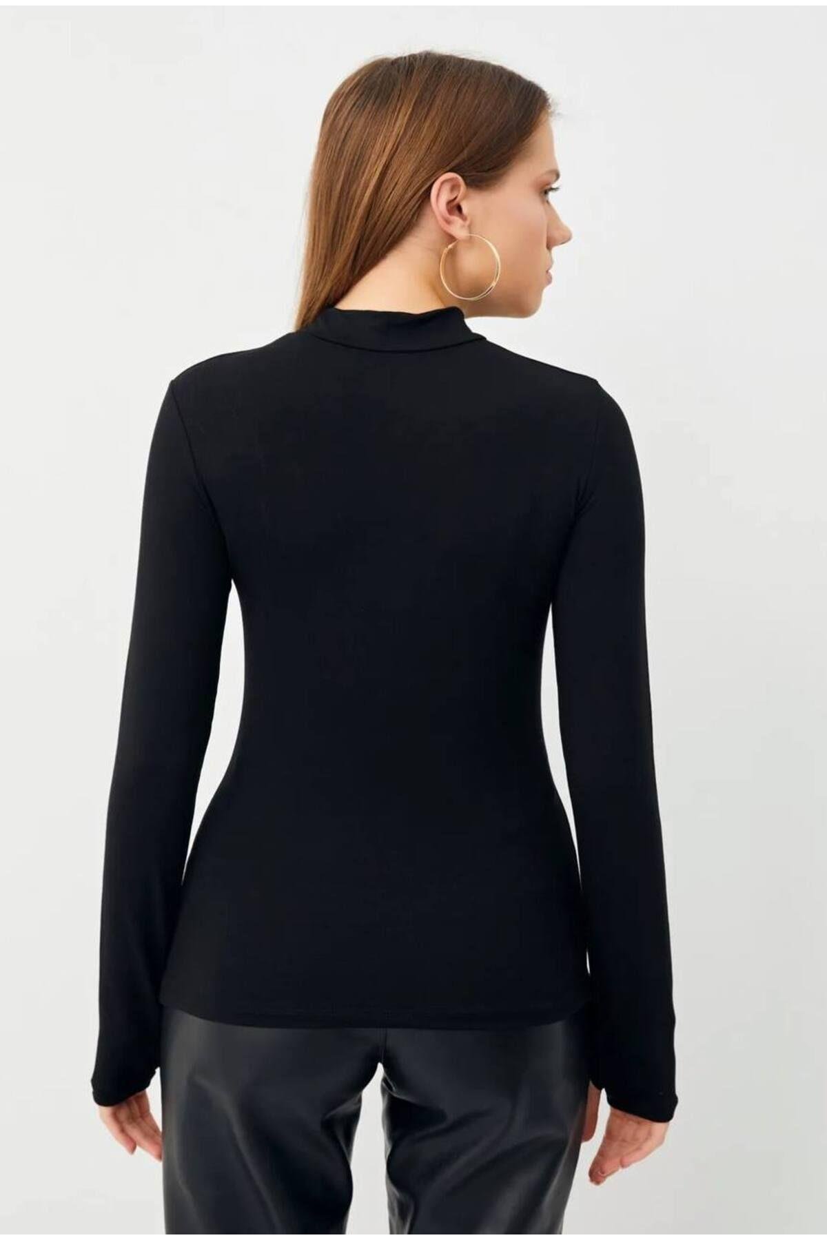  Parmak Detaylı Uzun Kol Siyah Basic Body