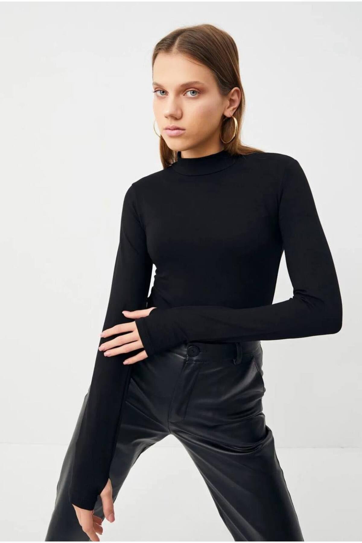  Parmak Detaylı Uzun Kol Siyah Basic Body