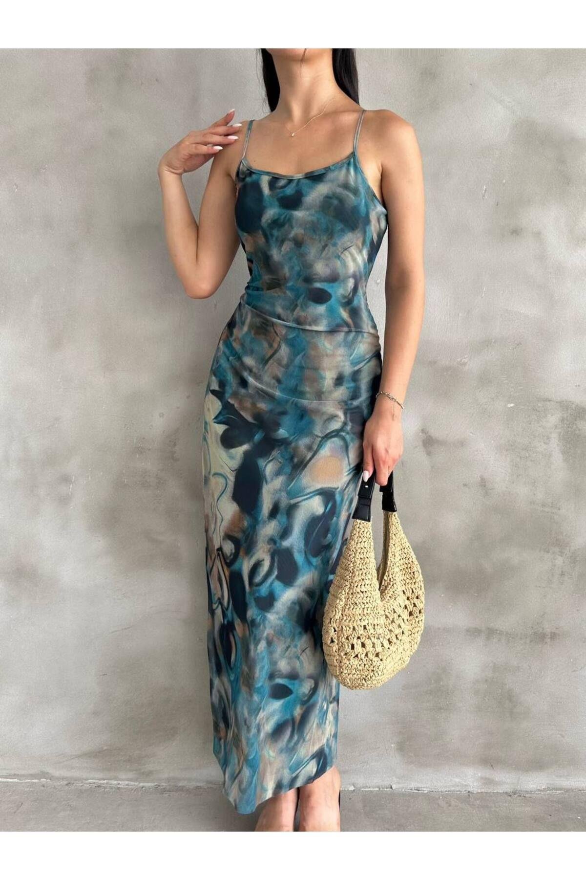 Askılı Colorful Batik Mavi Yeşil Tül Elbise