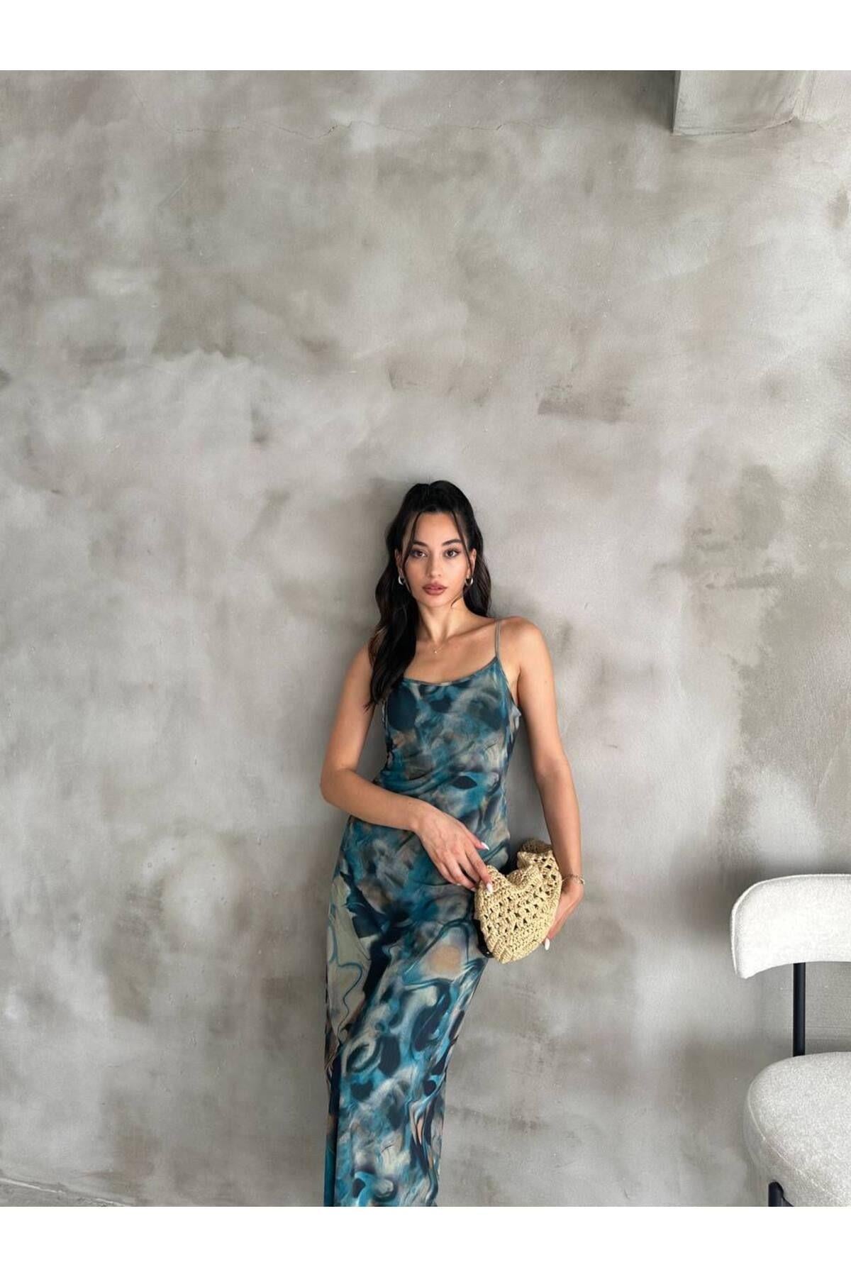 Askılı Colorful Batik Mavi Yeşil Tül Elbise
