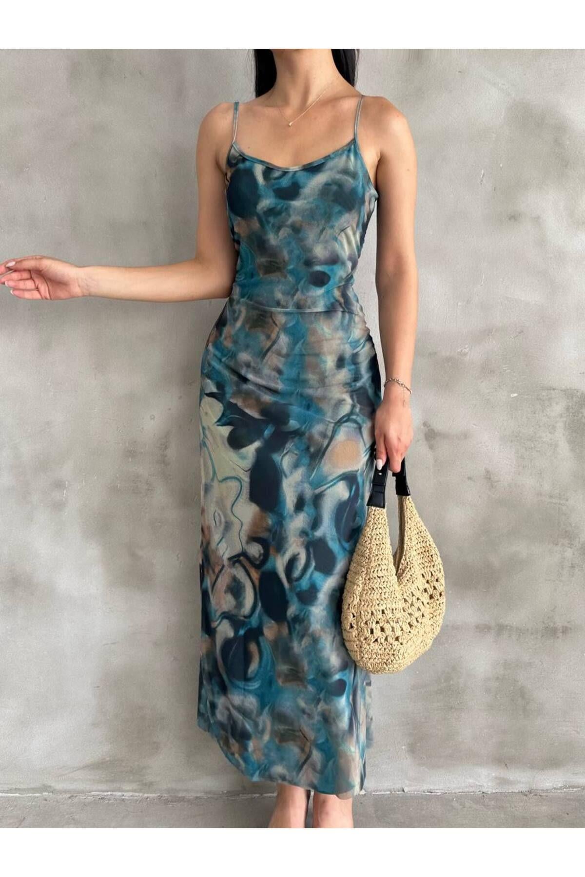 Askılı Colorful Batik Mavi Yeşil Tül Elbise