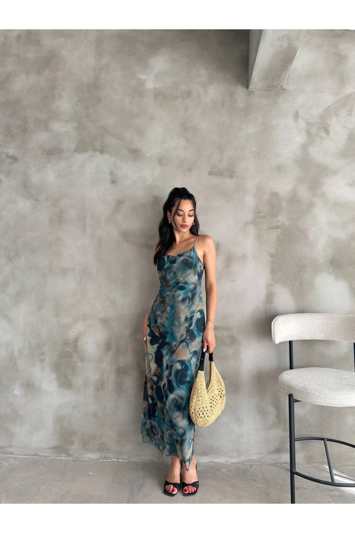 Askılı Colorful Batik Mavi Yeşil Tül Elbise