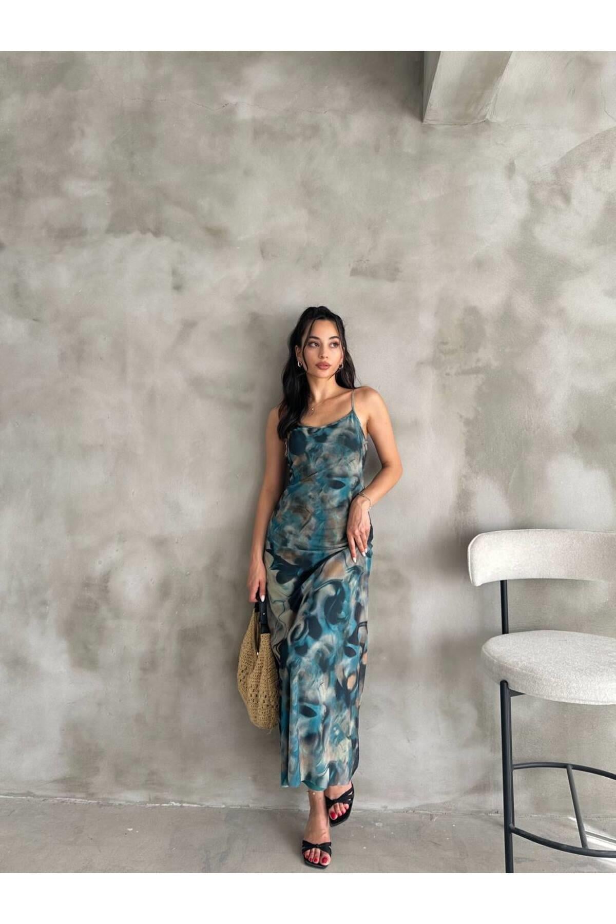 Askılı Colorful Batik Mavi Yeşil Tül Elbise