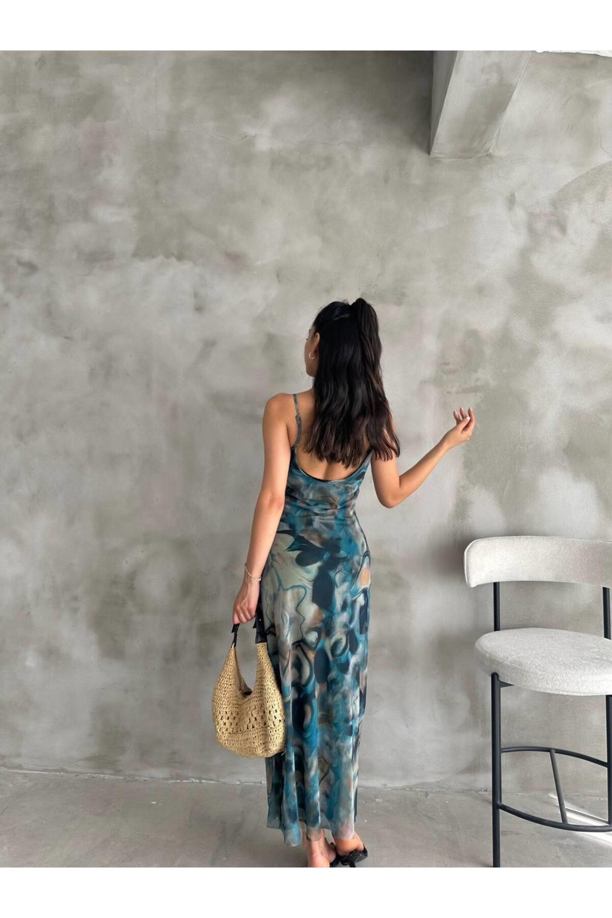 Askılı Colorful Batik Mavi Yeşil Tül Elbise
