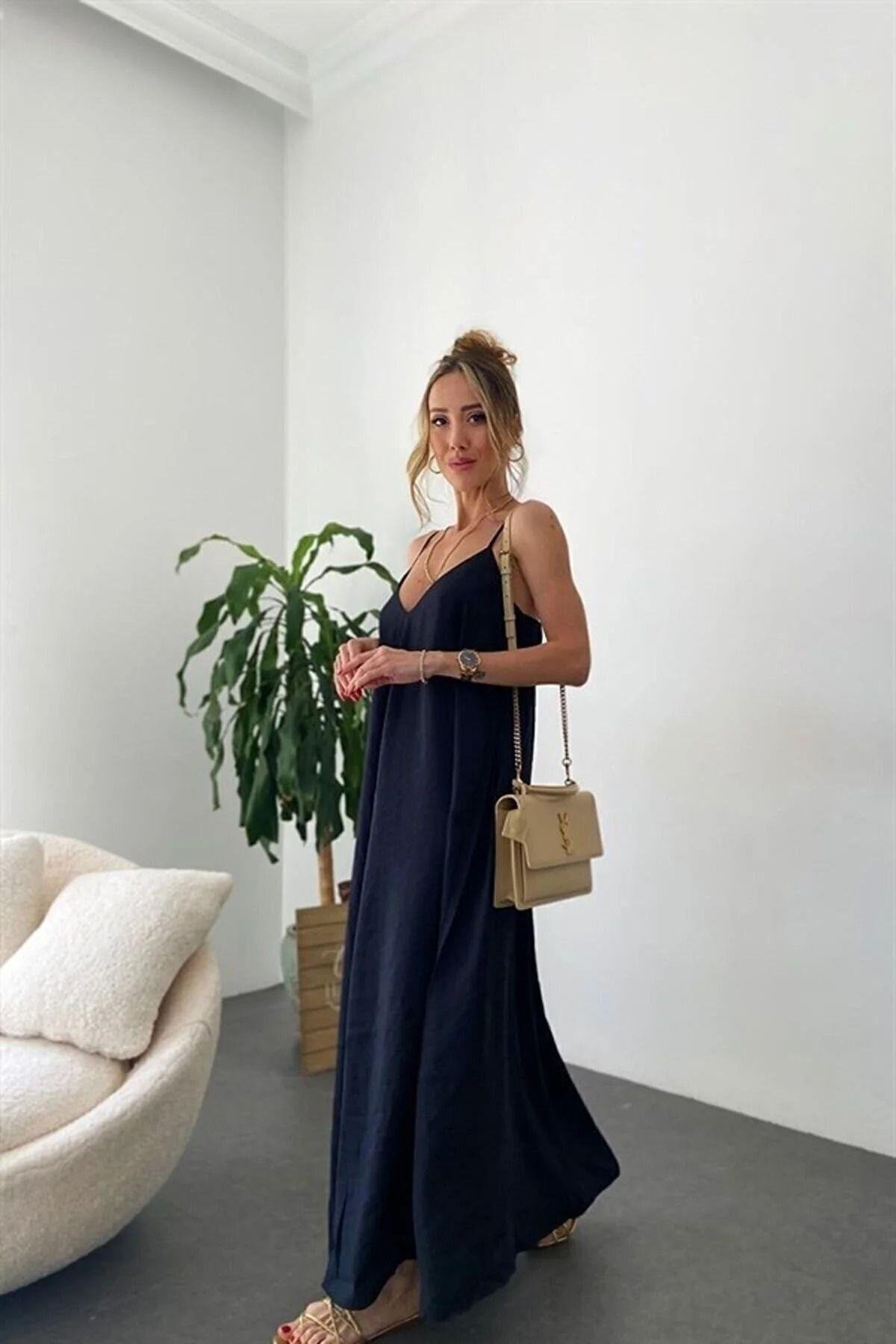 Askılı Siyah Ayrobin Salaş Yazlık Elbise