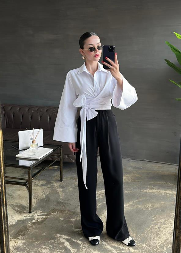 Bağlama Detaylı Beyaz Poplin Gömlek  Oversize Taş Detaylı Beyaz Poplin Gömlek