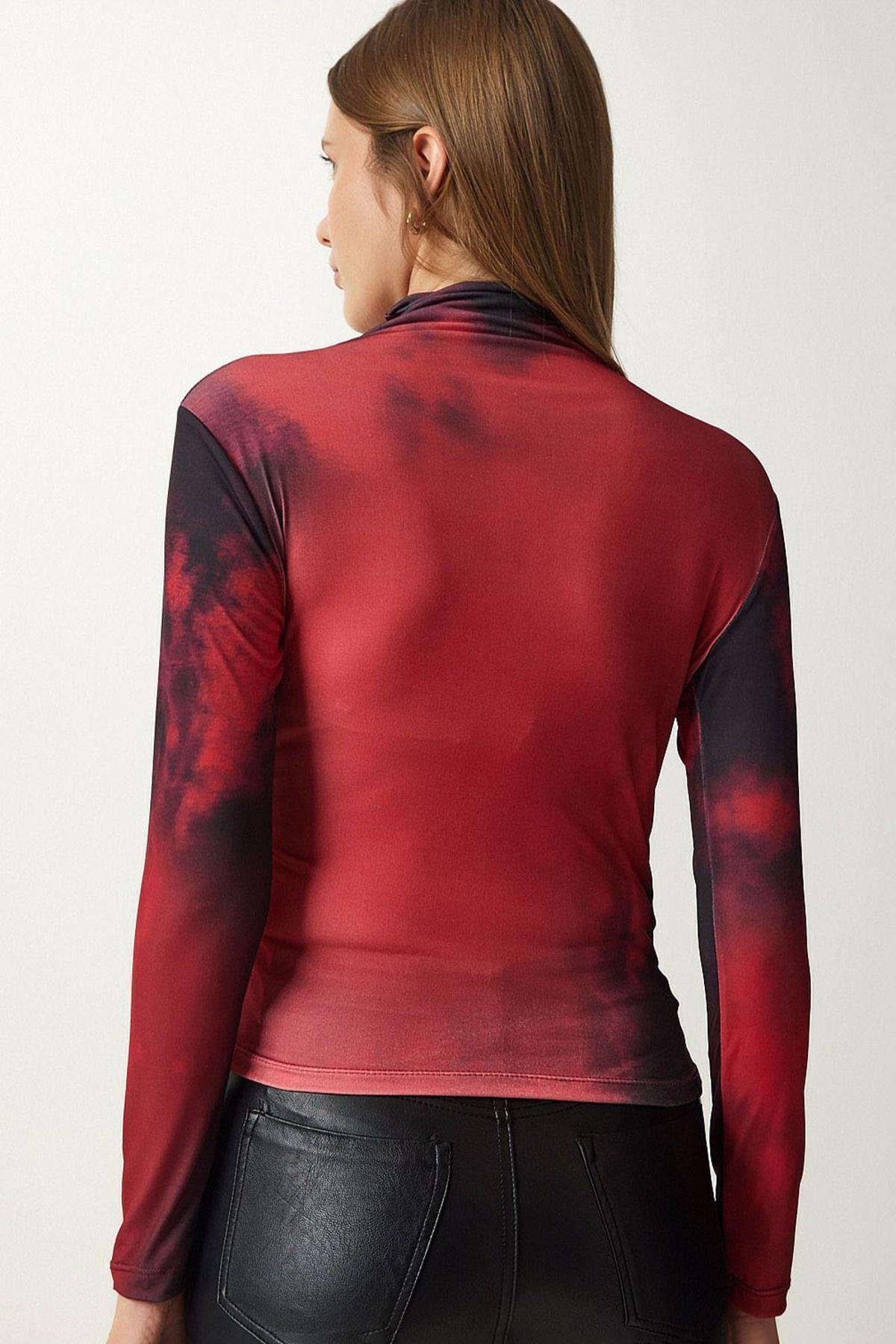 Batik Desen Kırmızı Siyah Boğazlı Drapeli Bodycone  Bluz