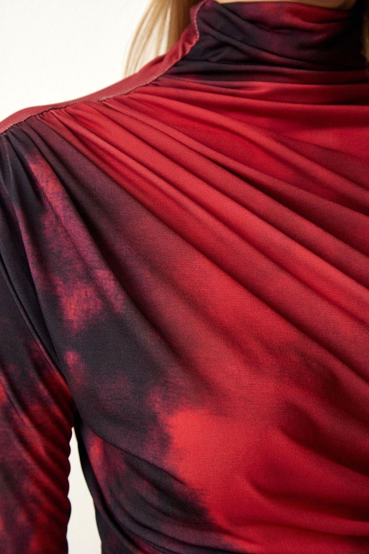 Batik Desen Kırmızı Siyah Boğazlı Drapeli Bodycone  Bluz