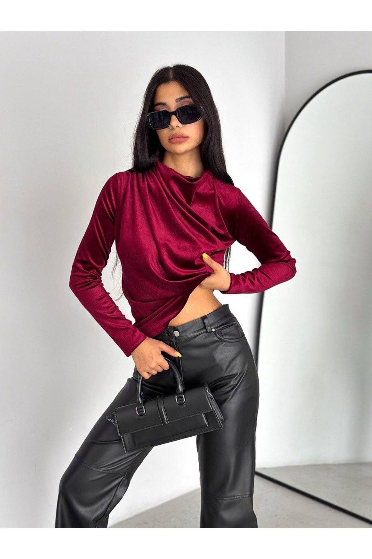 Bordo Parlak Kadife Drapeli  Bluz