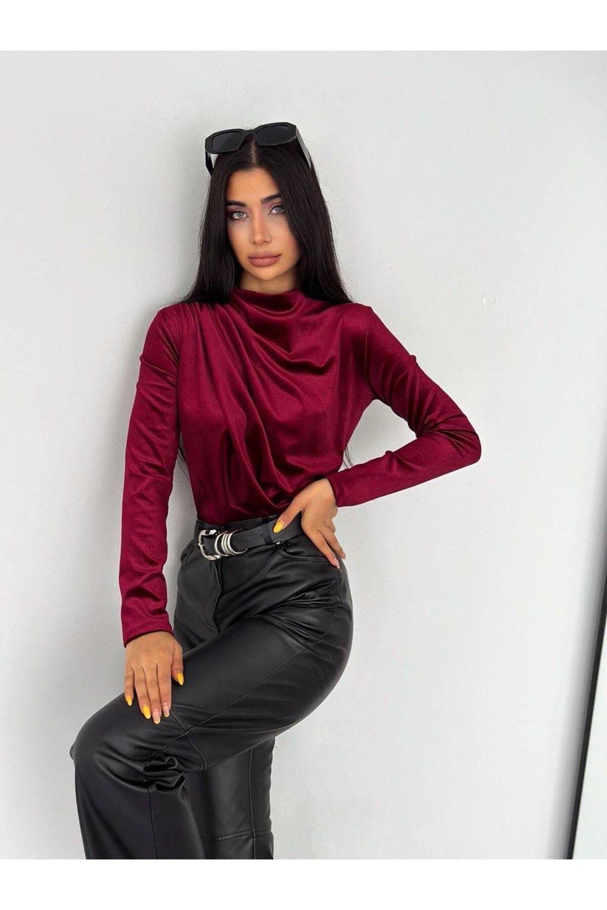 Bordo Parlak Kadife Drapeli  Bluz