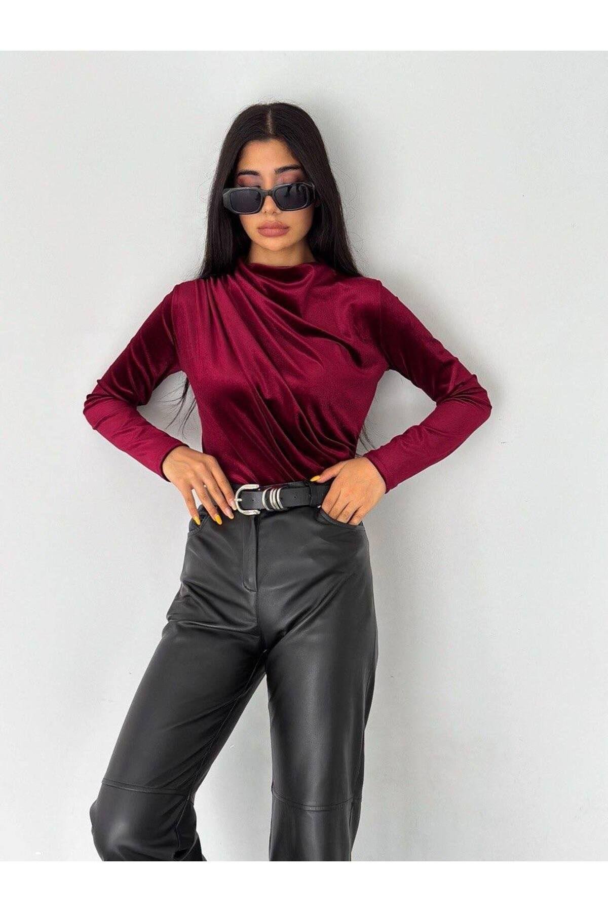 Bordo Parlak Kadife Drapeli  Bluz