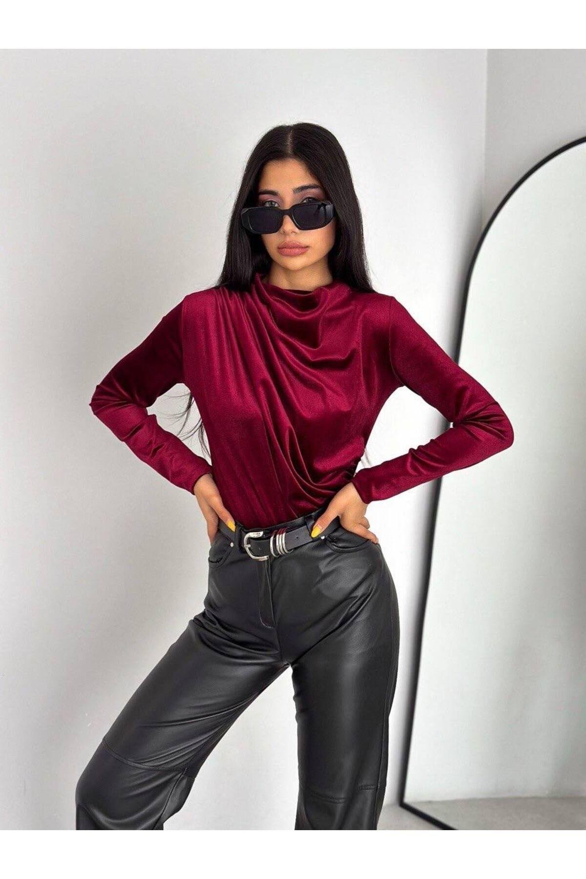 Bordo Parlak Kadife Drapeli  Bluz