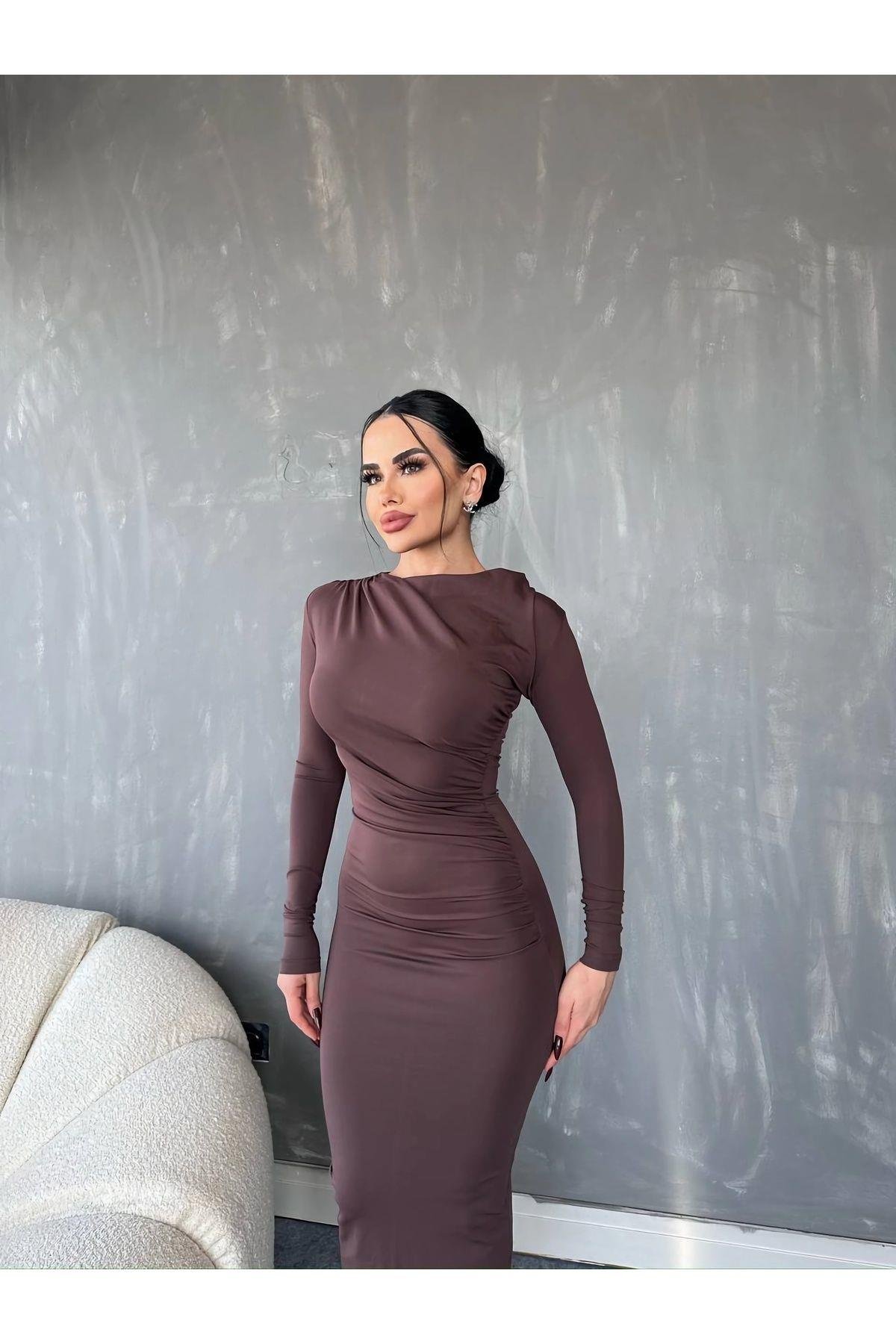 Drapeli Fermuarlı Uzun Strech Kahverengi  Maxi Elbise