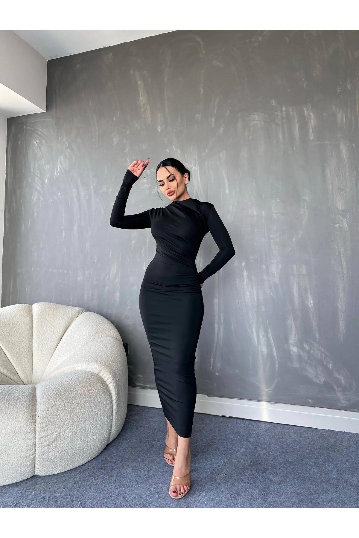 Drapeli Fermuarlı Uzun Strech Siyah  Maxi Elbise