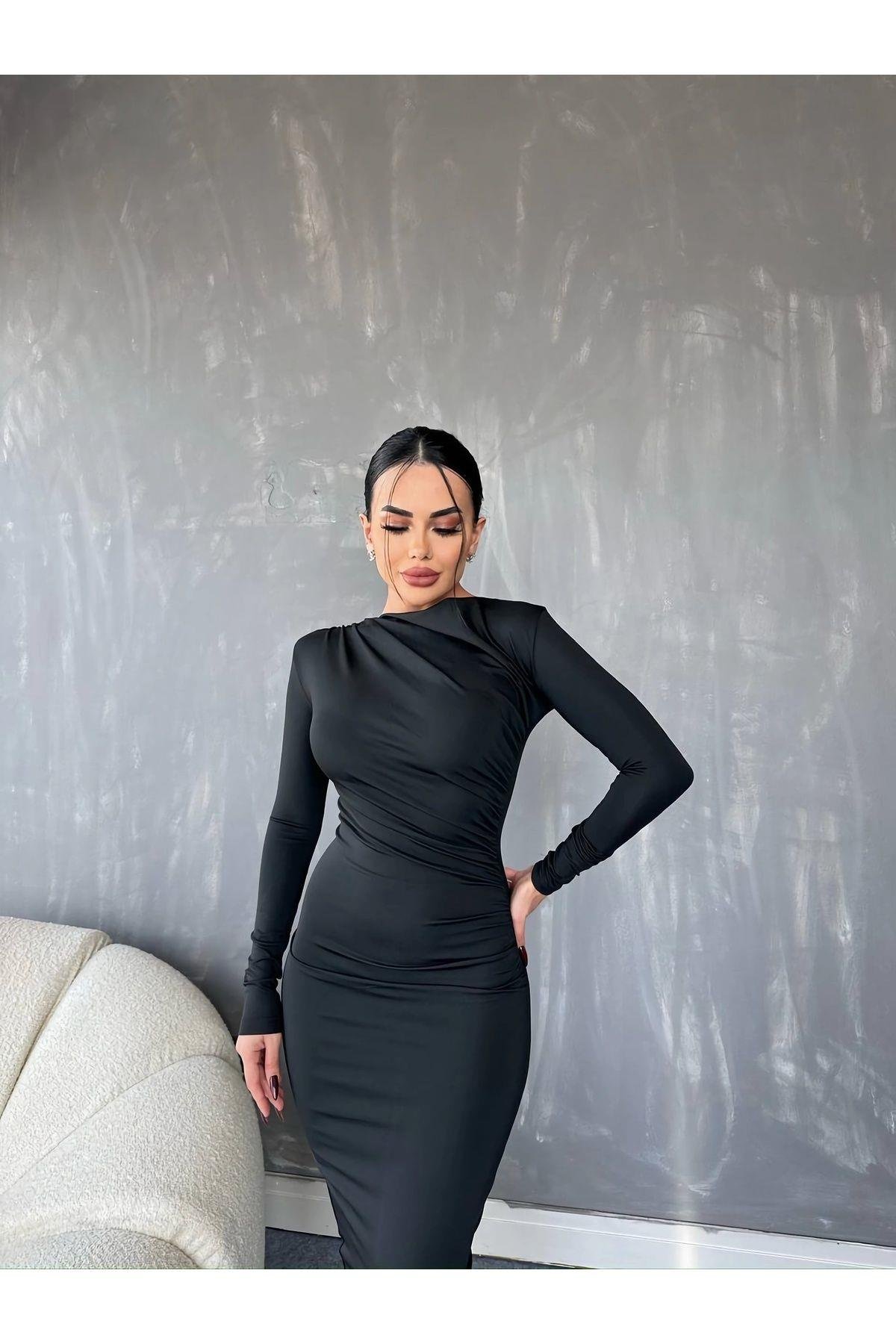 Drapeli Fermuarlı Uzun Strech Siyah  Maxi Elbise