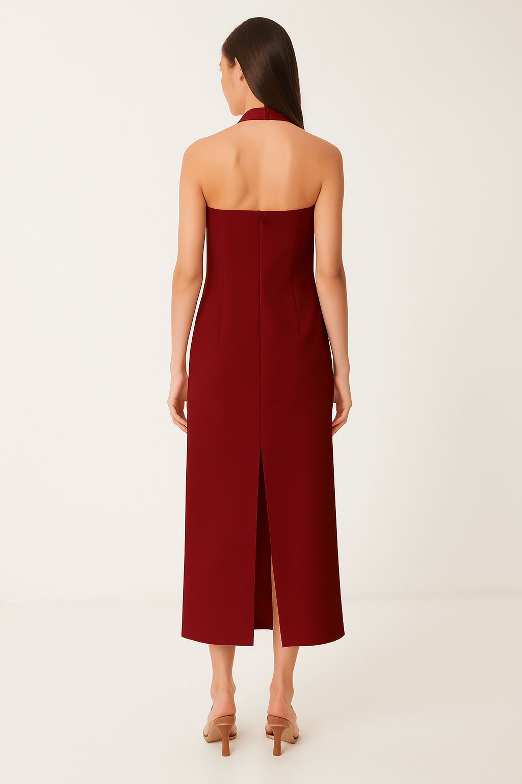 Halter Yaka Yırtmaçlı Midi Elbise Bordo Halter Yaka Yırtmaçlı Midi Elbise Bordo