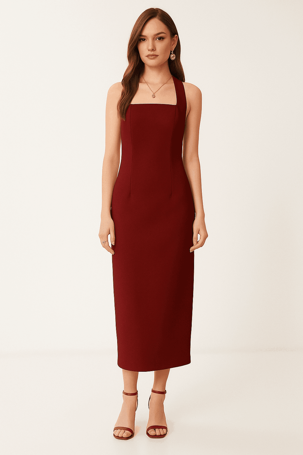 Halter Yaka Yırtmaçlı Midi Elbise Bordo Halter Yaka Yırtmaçlı Midi Elbise Bordo