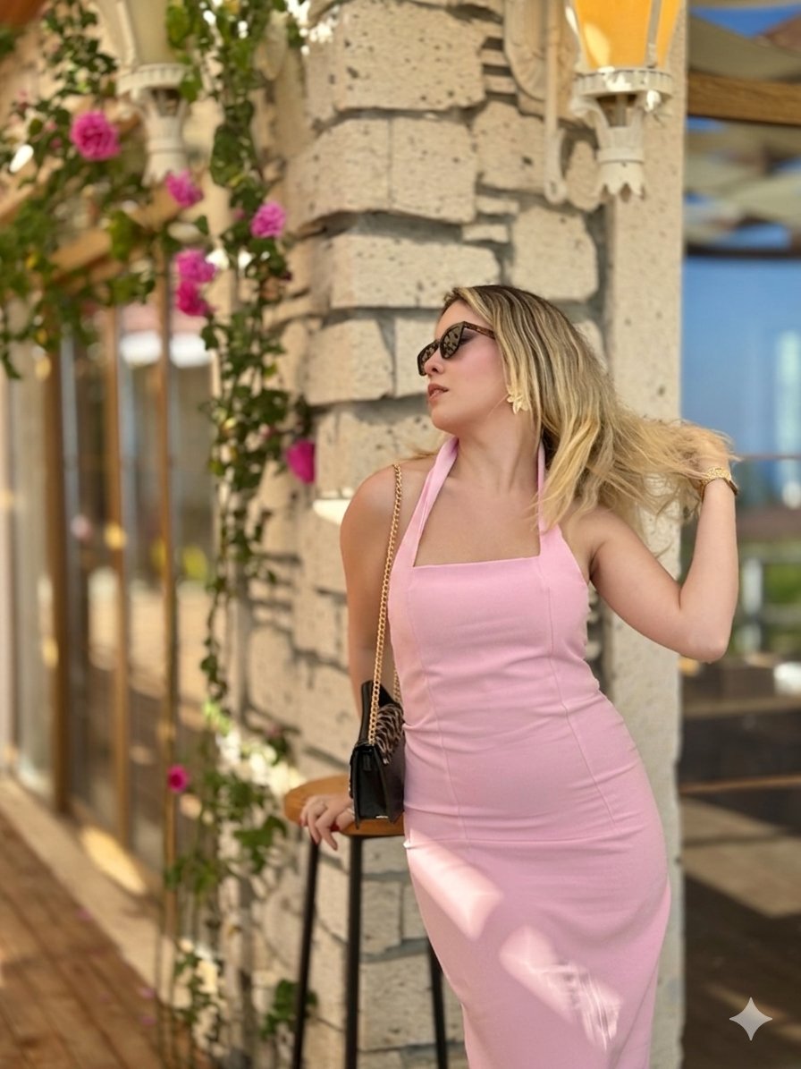 Halter Yaka Yırtmaçlı Midi Elbise Pembe Halter Yaka Yırtmaçlı Midi Elbise Pembe
