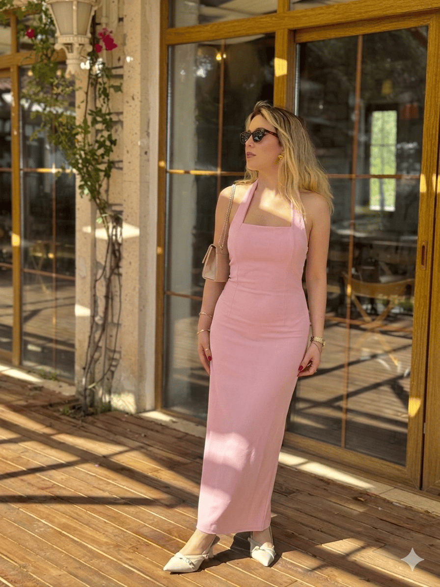 Halter Yaka Yırtmaçlı Midi Elbise Pembe Halter Yaka Yırtmaçlı Midi Elbise Pembe