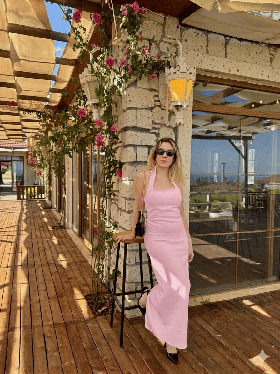Halter Yaka Yırtmaçlı Midi Elbise Pembe Halter Yaka Yırtmaçlı Midi Elbise Pembe