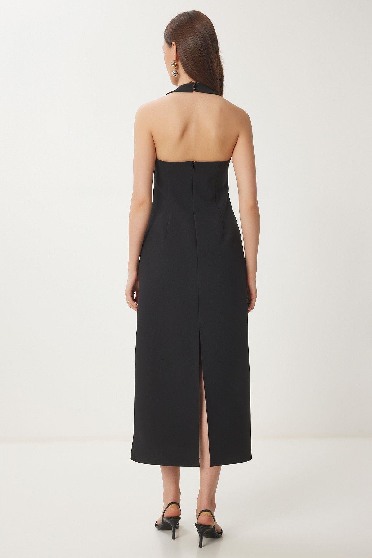 Halter Yaka Yırtmaçlı Midi Elbise Siyah Halter Yaka Yırtmaçlı Midi Elbise Siyah