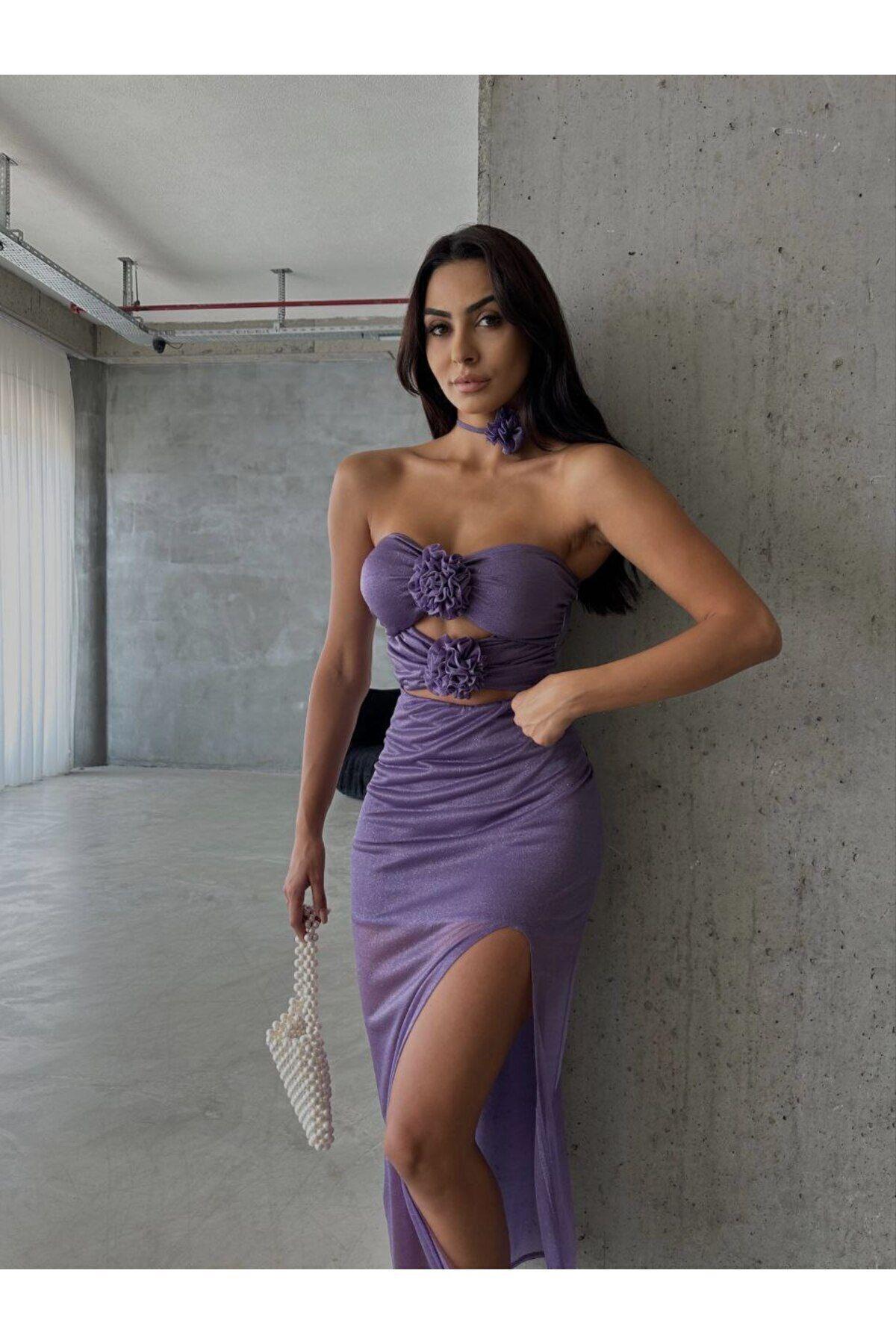 Isabella  Özel Tasarım Gül Detaylı Straplez Lila Elbise