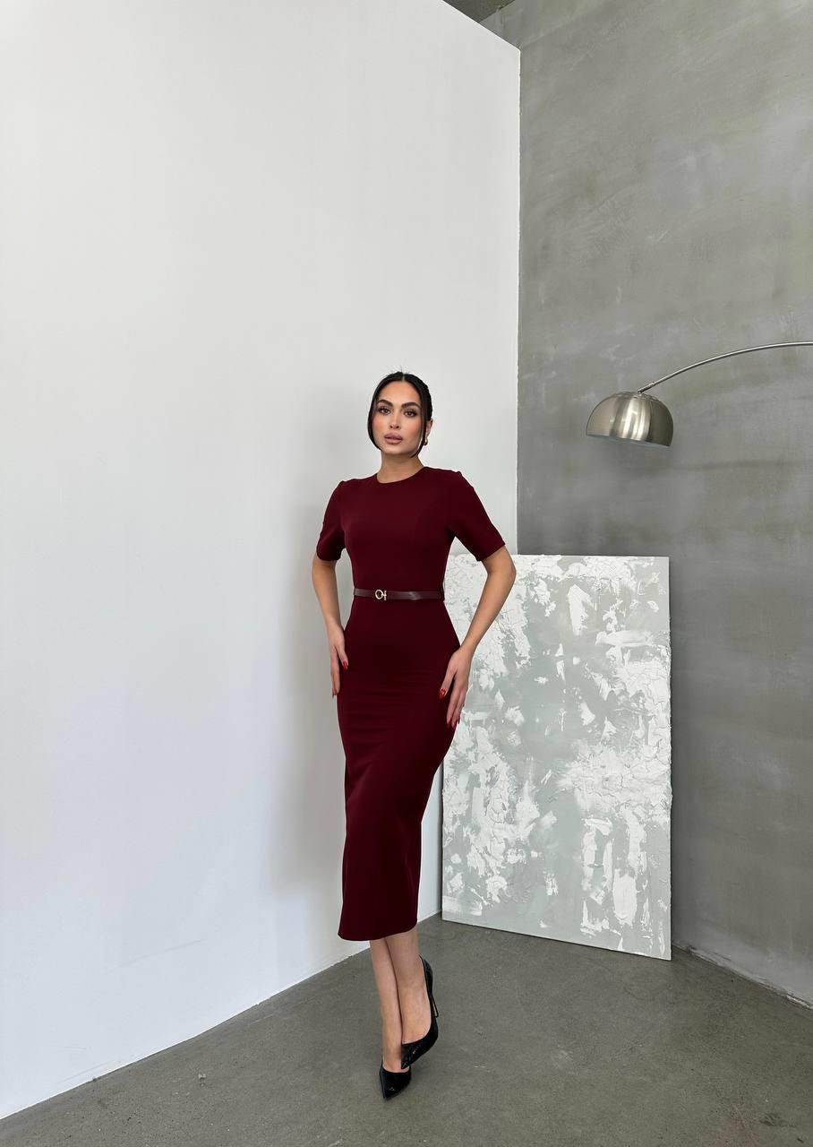 Kemerli Bordo Midi Elbise Kemer Detaylı Bordo Midi Elbise