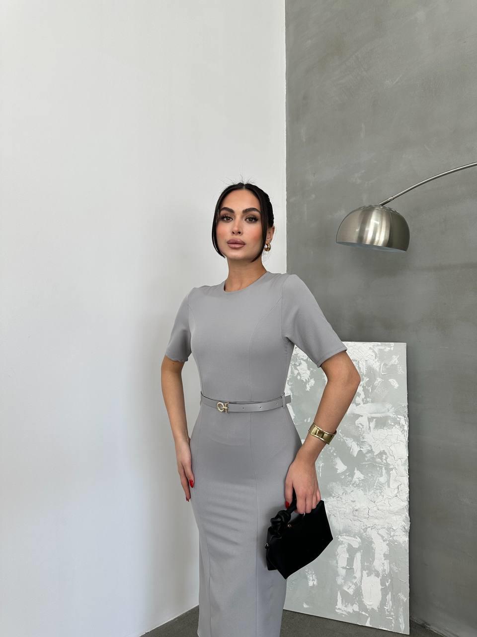 Kemerli Gri Midi Elbise Kemerli Gri Midi Elbise
