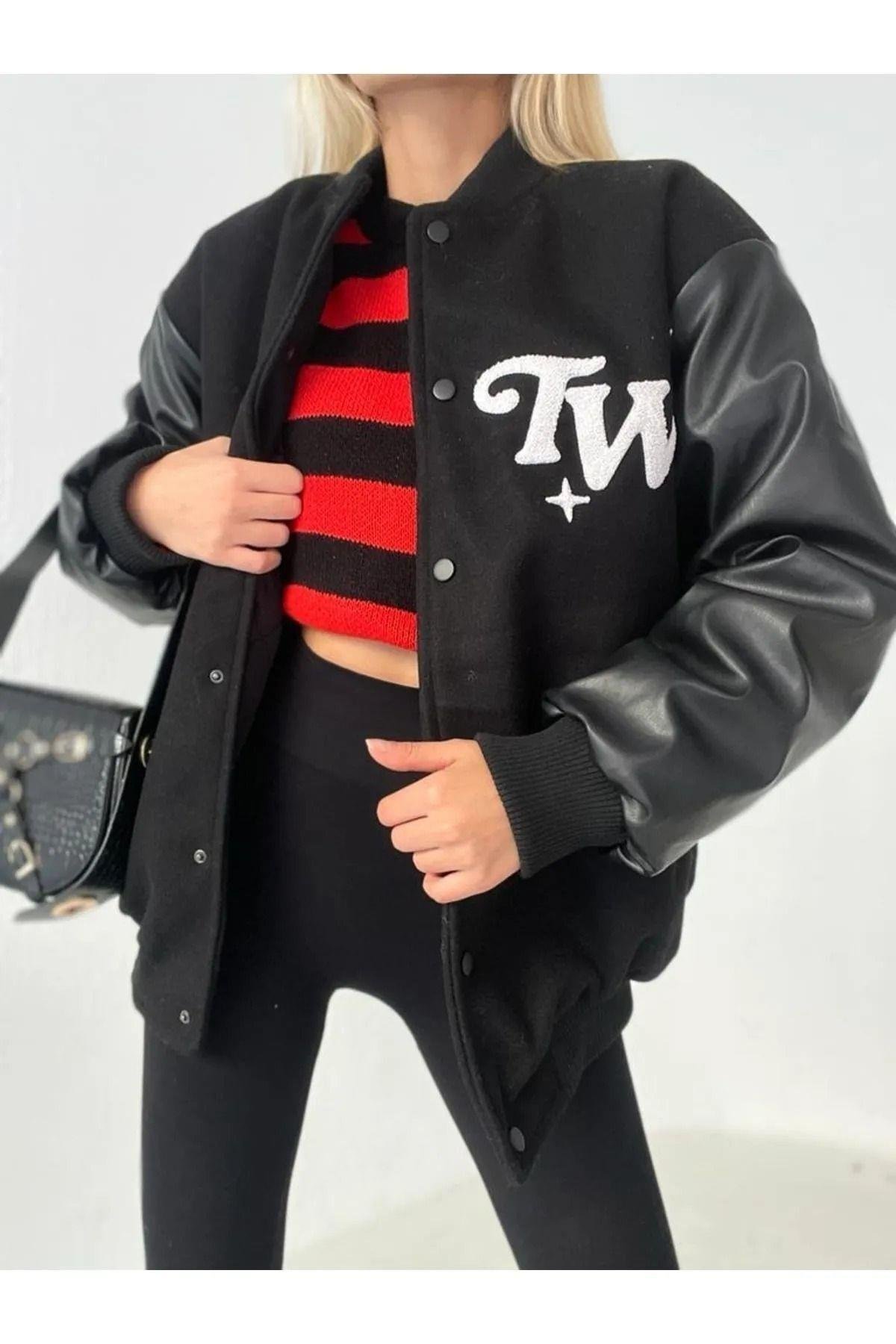 Kolu Deri Detaylı Oversize Boyfriend Siyah Kalın Unisex Bomber Ceket