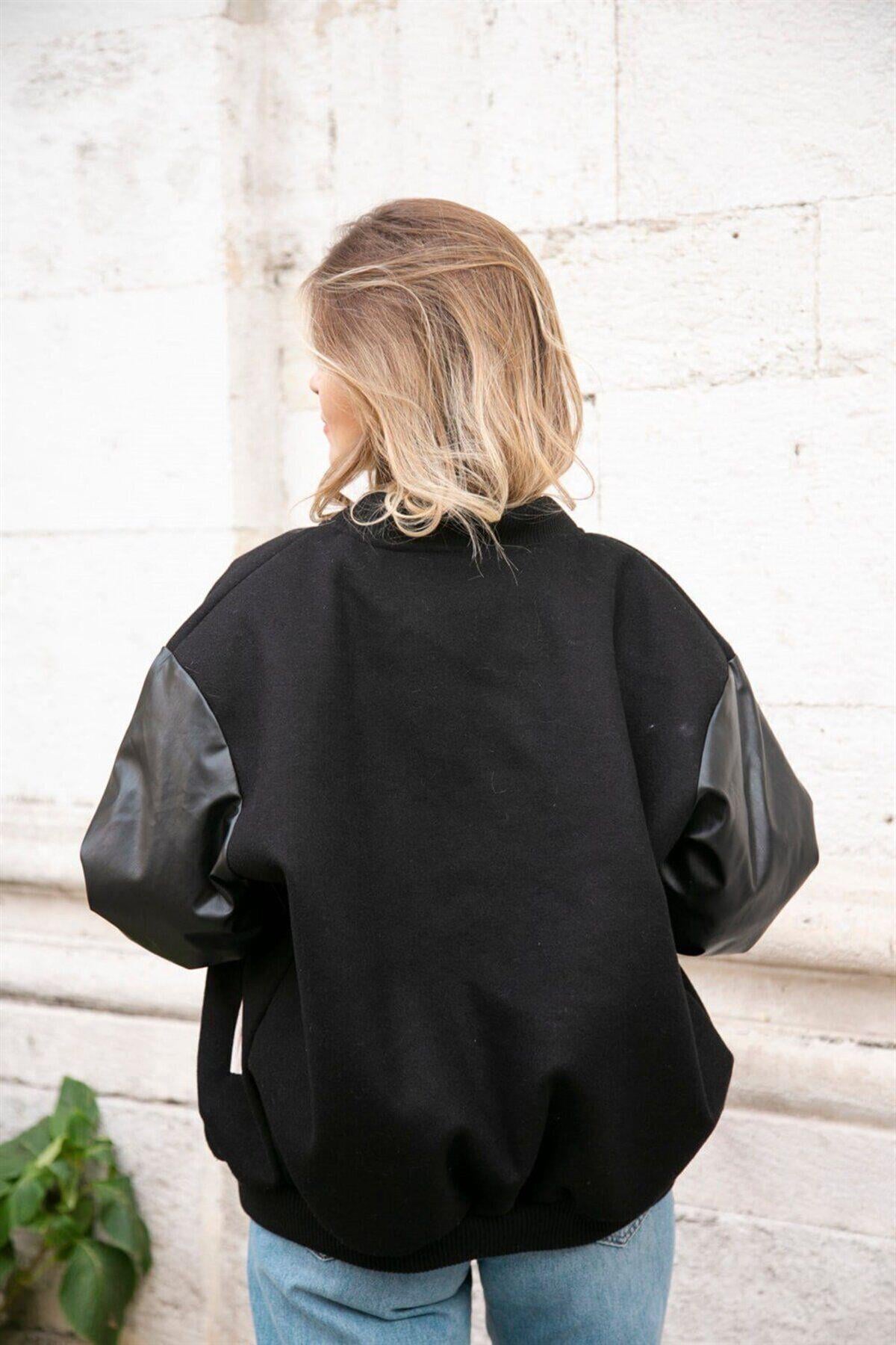 Kolu Deri Detaylı Oversize Boyfriend Siyah Kalın Unisex Bomber Ceket